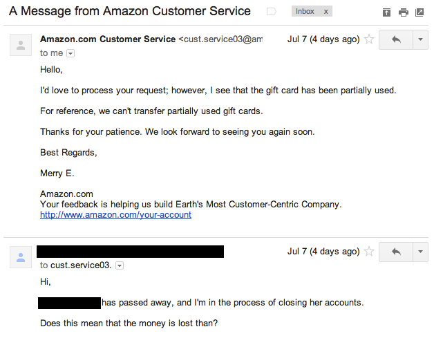 Amazon doesn't care your grandmother is dead, no gift card transfering