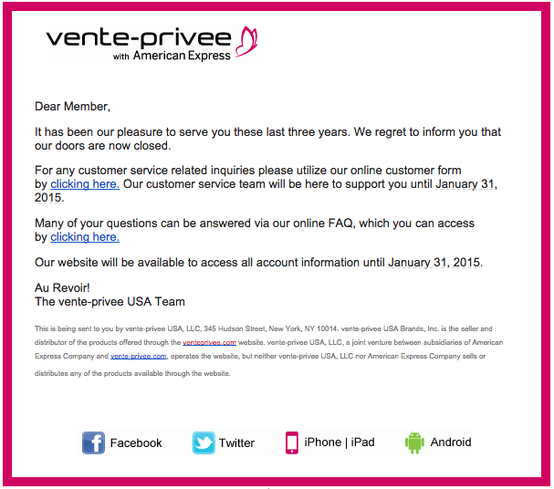 Vente-Privee with American Express has closed it's doors