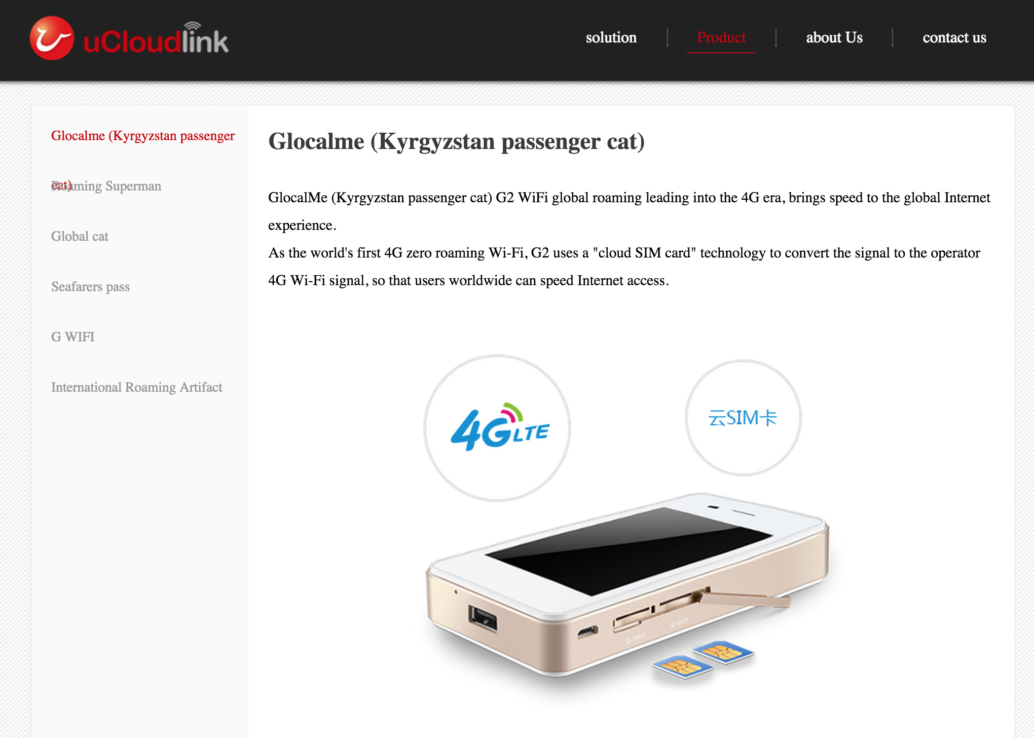 The glocalme product being listed on uCloudLink's website, http://ucloudlink.com/ukl_product.html
