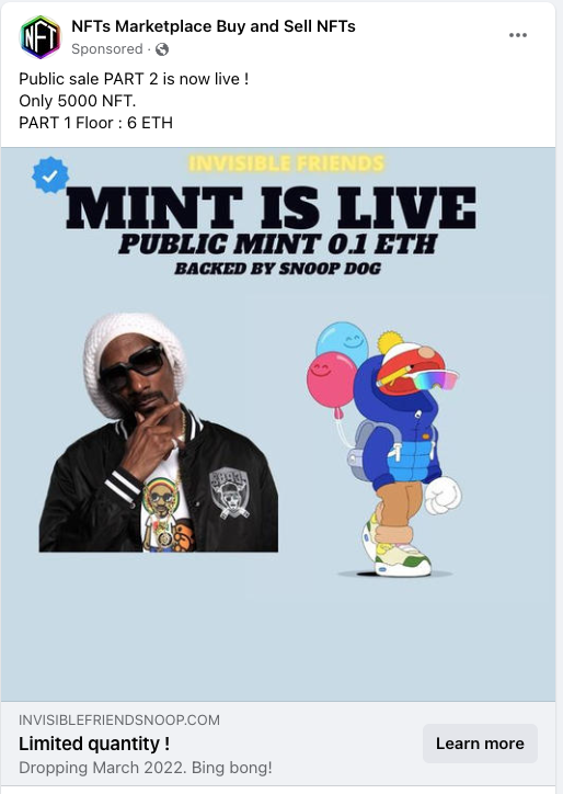 Fake NFT ADs: Snoop Dogg, Gary Vee, Invisible Friends, Mutant Apes, and more...