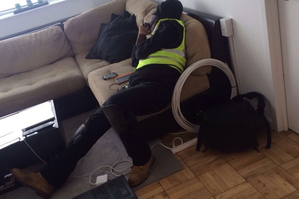 "So the Time Warner technician just fell asleep on my couch"